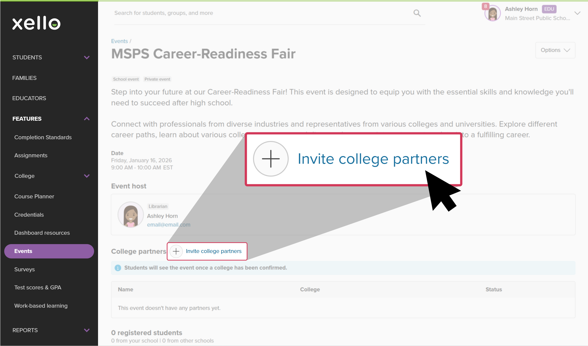 Click to enlarge An event in Xello. The cursor is clicking the Invite college partners link.